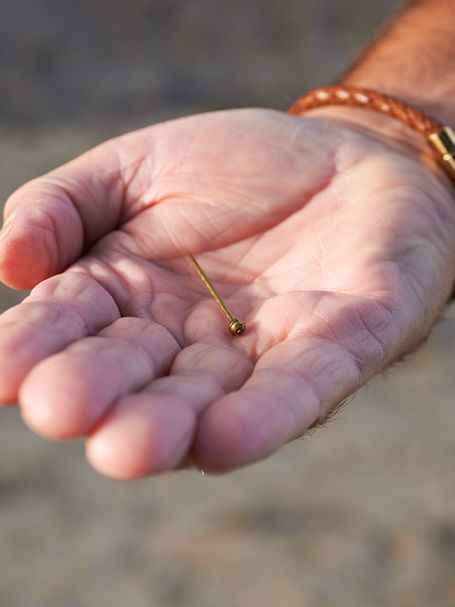 En knappnål ligger i handflatan på en hand som sträcks fram